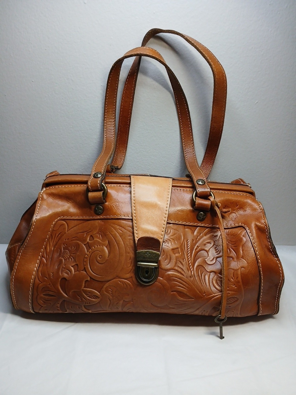 Patricia Nash Tan Embossed Leather Satchel